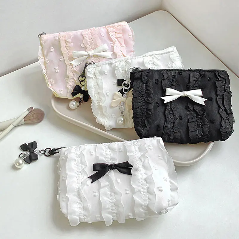 Cute Bow Girls Storage Bag Solid Color Soft Coin Purse Lipstick Headphone Bag Large Capacity Lace Clutch Bag