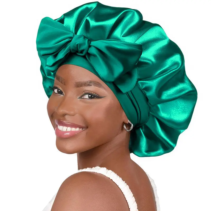 Women's Satin Solid Bonnets Wide-brimmed Night Sleeping Bathing Hat Unisex Head Wrap Elastic Band Cap Hair Care Bonnet