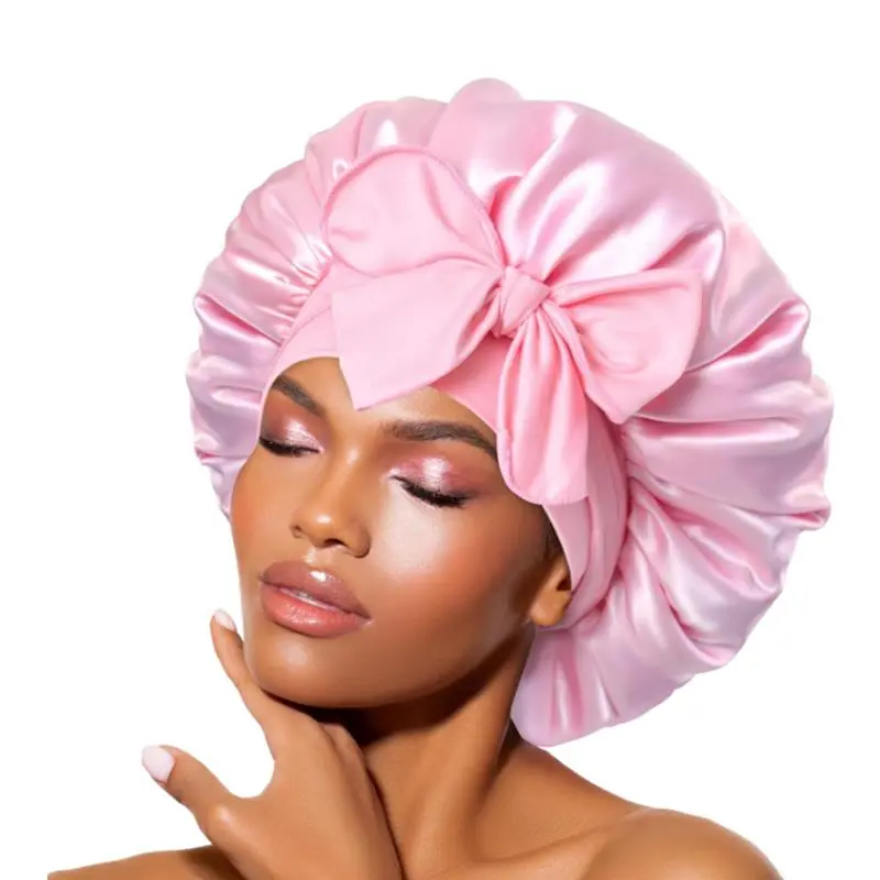 Women's Satin Solid Bonnets Wide-brimmed Night Sleeping Bathing Hat Unisex Head Wrap Elastic Band Cap Hair Care Bonnet
