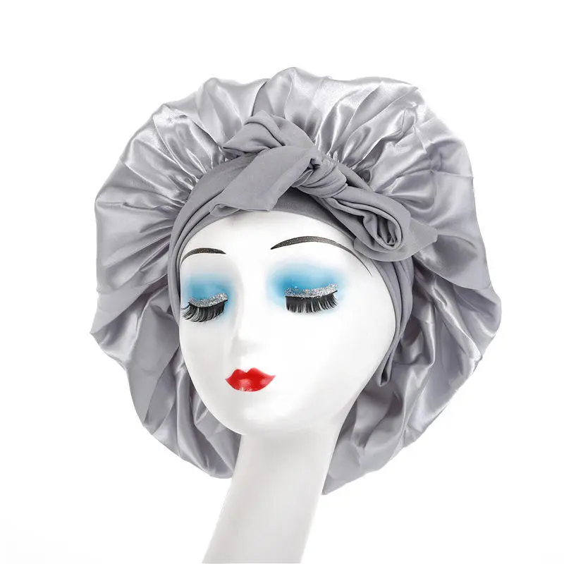 Women's Satin Solid Bonnets Wide-brimmed Night Sleeping Bathing Hat Unisex Head Wrap Elastic Band Cap Hair Care Bonnet