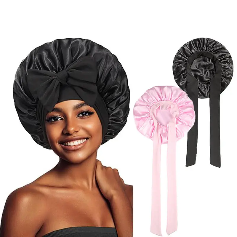 Women's Satin Solid Bonnets Wide-brimmed Night Sleeping Bathing Hat Unisex Head Wrap Elastic Band Cap Hair Care Bonnet