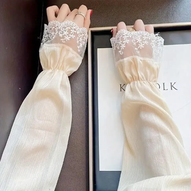 Summer Long Sleeves Women Lace Cycling Driving Arm Warmers Uv Protection Loose Cool Hand Sleeves Fashion Fingerless Gloves