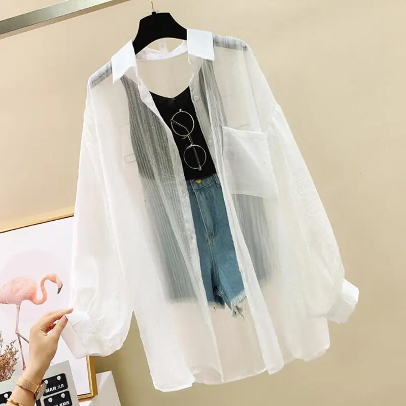 Women Elegant Long Sleeve Perspective Sheer Sunscreen Chiffon Blouse Korean Fashion Loose Shirt Women Summer Beach Cardigans