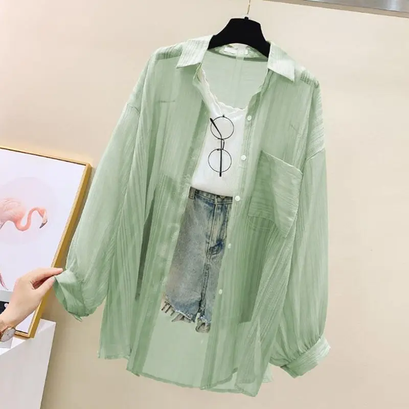 Women Elegant Long Sleeve Perspective Sheer Sunscreen Chiffon Blouse Korean Fashion Loose Shirt Women Summer Beach Cardigans