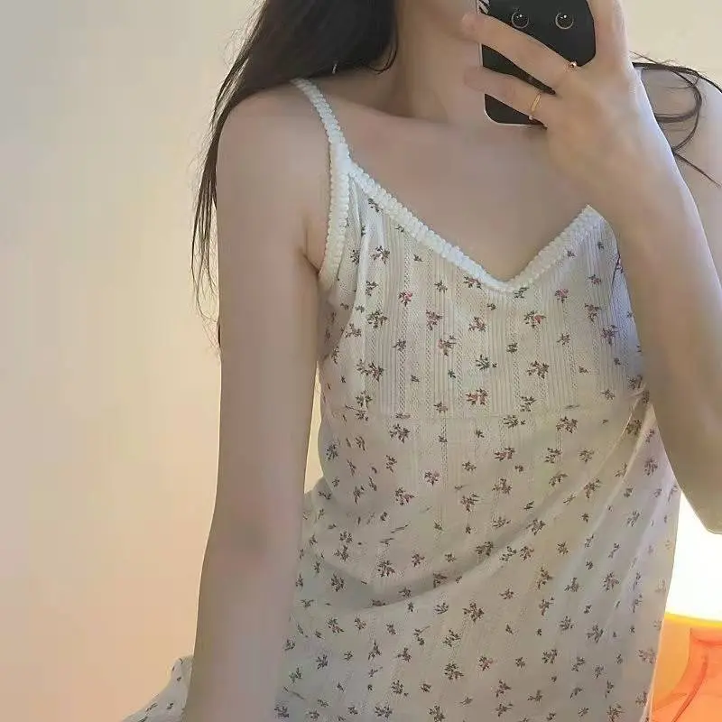 Nightgowns Women Summer Floral Mini V-neck Sleeveless Elegant Sleepwear Homewear Soft Sweet Lovely Ulzzang Design Ladies Popular