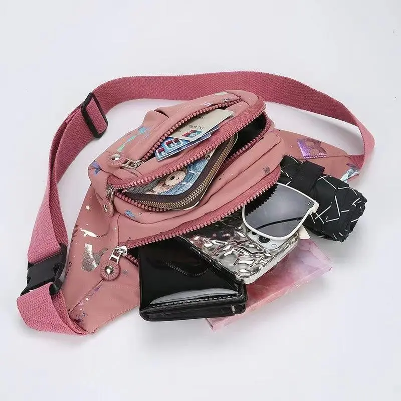 Casual Trendy Waist Bag Women Lightweight Oxford Fabric Print Stitching Multi-Pocket Fanny Pack Daily Commute Bags