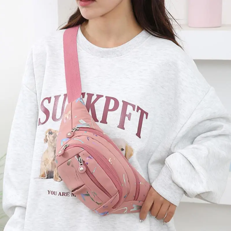 Casual Trendy Waist Bag Women Lightweight Oxford Fabric Print Stitching Multi-Pocket Fanny Pack Daily Commute Bags