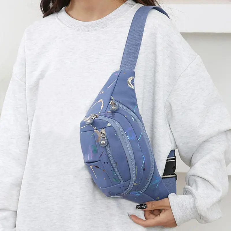 Casual Trendy Waist Bag Women Lightweight Oxford Fabric Print Stitching Multi-Pocket Fanny Pack Daily Commute Bags
