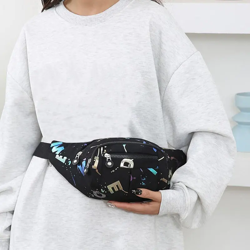 Casual Trendy Waist Bag Women Lightweight Oxford Fabric Print Stitching Multi-Pocket Fanny Pack Daily Commute Bags