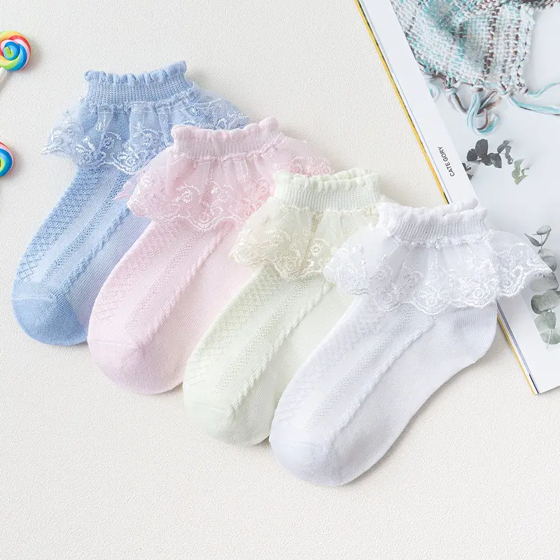 1Pairs Cotton Lace Ruffle Princess Mesh Breathable Socks Children Ankle Short Sock White Pink Blue Baby Girls Kids Toddler