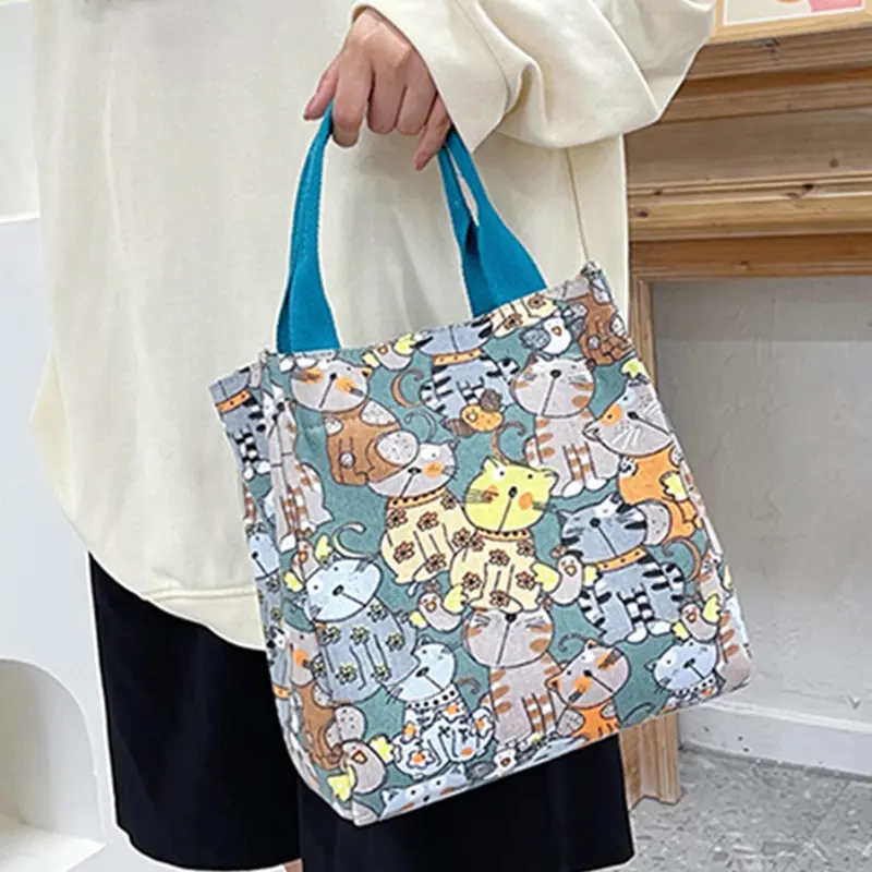 New Canvas Women Bags Portable Mommy Bag Cute Cartoon Cat Pattern Fashionable Top-handle Handbags Shopping Tote Bags For Women