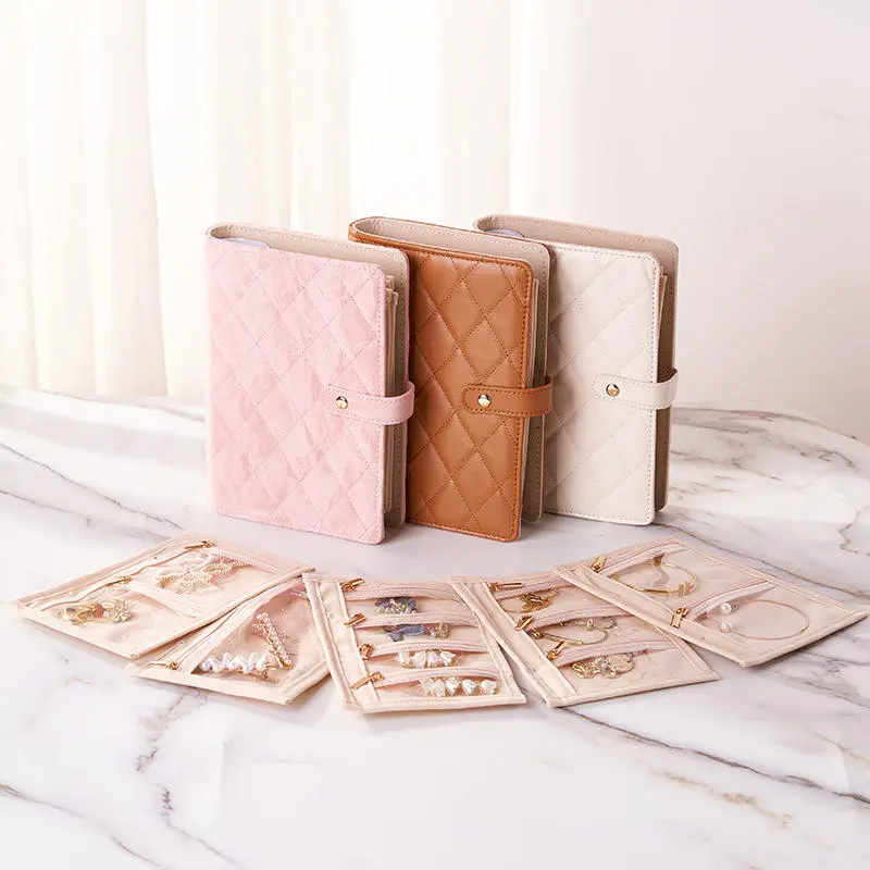 Transparent Jewelry Storage Book with Zipper Clear Pockets Jewelry Packaging Box Luxury PU Leather Velvet Storage Bag