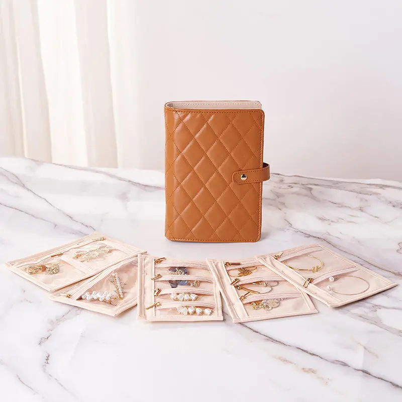 Transparent Jewelry Storage Book with Zipper Clear Pockets Jewelry Packaging Box Luxury PU Leather Velvet Storage Bag