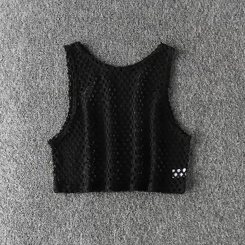 Sexy Black/Red Hollow Out Crop Top 2023 Mesh T-shirt Female Loose Fashion Summer Basic Tops For Women Fishnet Shirt