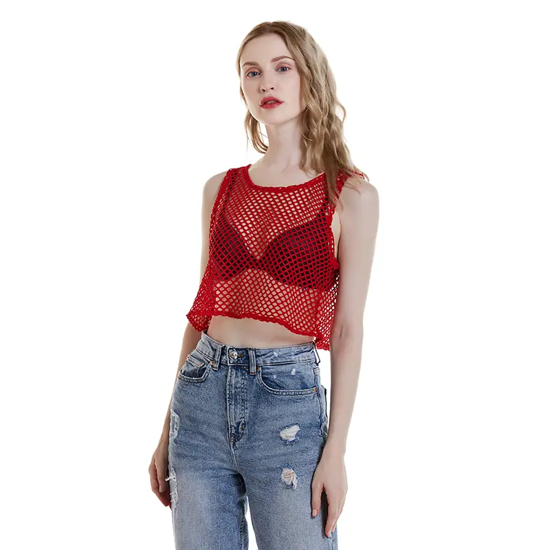 Sexy Black/Red Hollow Out Crop Top 2023 Mesh T-shirt Female Loose Fashion Summer Basic Tops For Women Fishnet Shirt