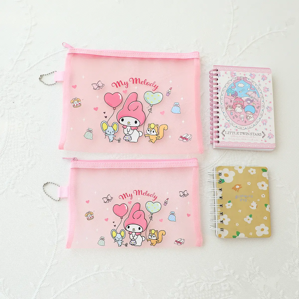 Sanrio Mesh Zipper Pencil Bag Hello Kitty Kuromi Student Storage Case Transparent Storage Bag Protable Stationery Cosmetics Bag