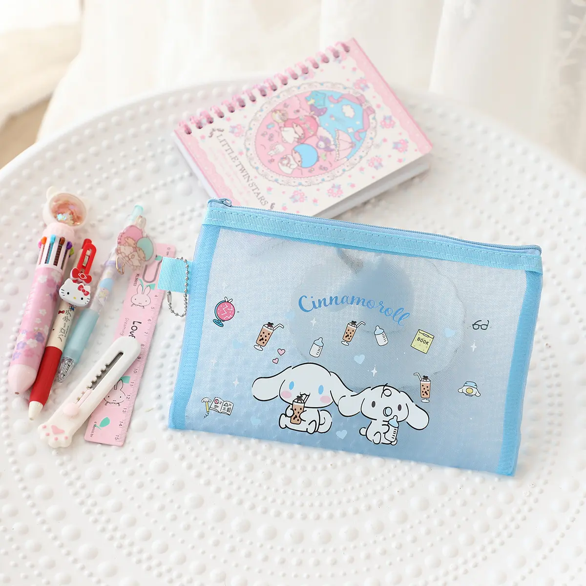 Sanrio Mesh Zipper Pencil Bag Hello Kitty Kuromi Student Storage Case Transparent Storage Bag Protable Stationery Cosmetics Bag