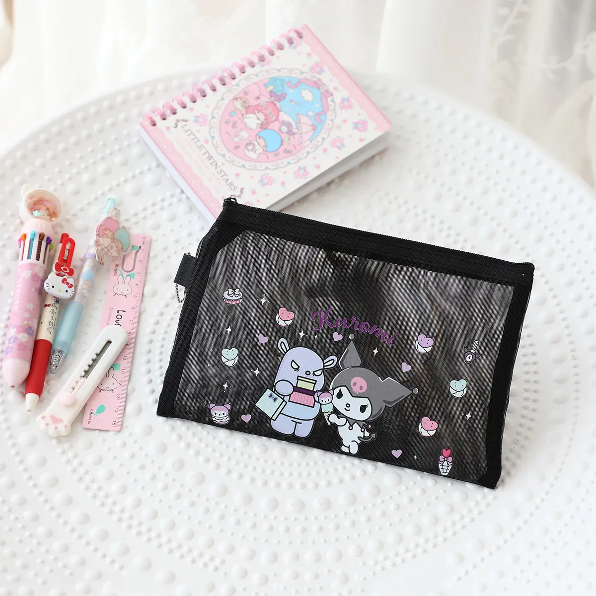 Sanrio Mesh Zipper Pencil Bag Hello Kitty Kuromi Student Storage Case Transparent Storage Bag Protable Stationery Cosmetics Bag