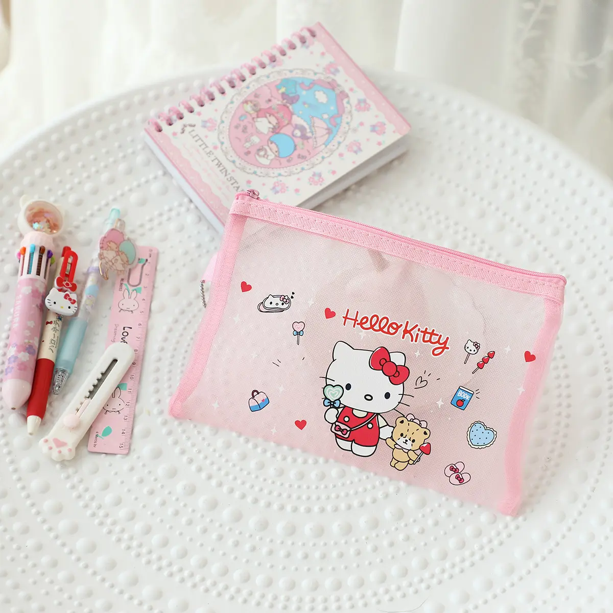 Sanrio Mesh Zipper Pencil Bag Hello Kitty Kuromi Student Storage Case Transparent Storage Bag Protable Stationery Cosmetics Bag