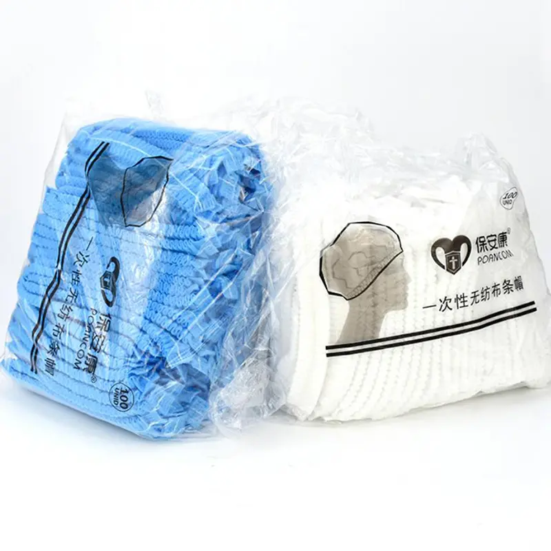 100pcs Disposable Non-Woven Strip Hat Hotel Workshop Dust Cap Blue White Shower Cap for Spa Hair Salon Beauty Accessories