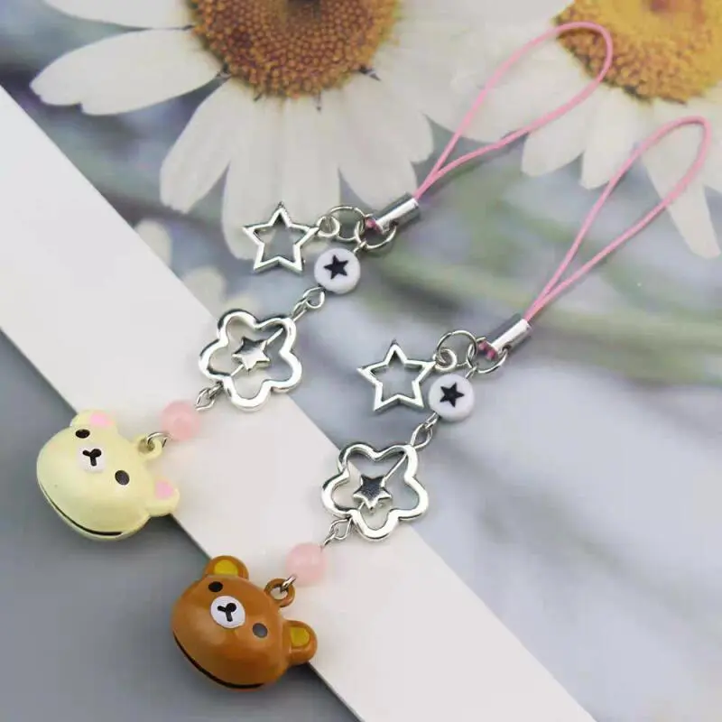 Cute Rilakkuma Bear Bell Matching Phone Charms Y2K Handmade Star Hanging Chains Kawaii Beaded Mobile Pendants Keychains Gifts