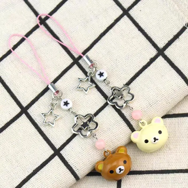 Cute Rilakkuma Bear Bell Matching Phone Charms Y2K Handmade Star Hanging Chains Kawaii Beaded Mobile Pendants Keychains Gifts
