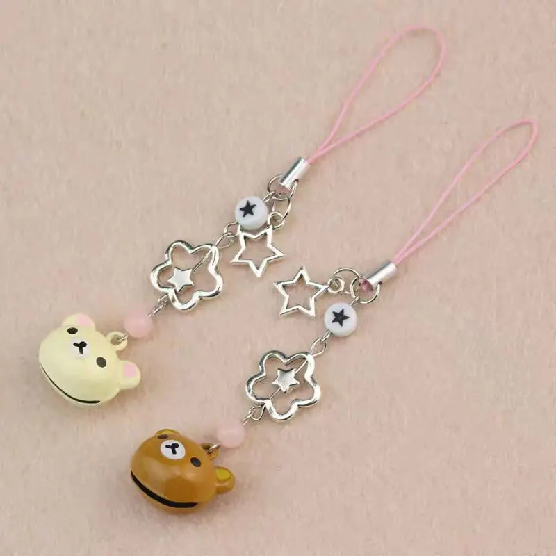 Cute Rilakkuma Bear Bell Matching Phone Charms Y2K Handmade Star Hanging Chains Kawaii Beaded Mobile Pendants Keychains Gifts