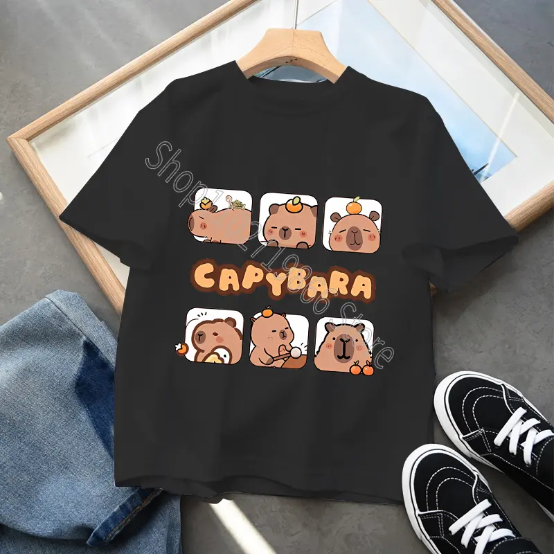 Capybara Boys Girls Cotton T-shirt Cute Short Sleeves Cartoon Character Print Tops Cool Comfortable Shirts Birthday Party Gifts