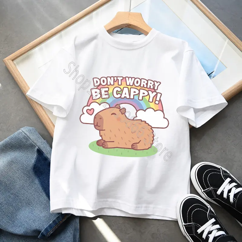 Capybara Boys Girls Cotton T-shirt Cute Short Sleeves Cartoon Character Print Tops Cool Comfortable Shirts Birthday Party Gifts
