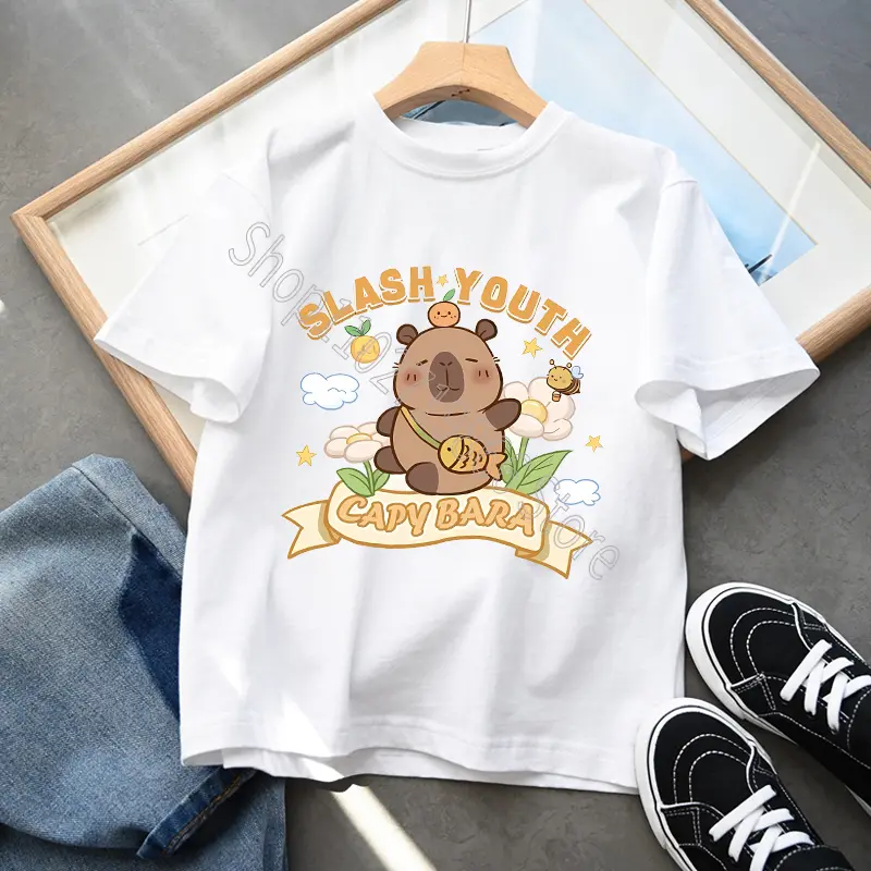 Capybara Boys Girls Cotton T-shirt Cute Short Sleeves Cartoon Character Print Tops Cool Comfortable Shirts Birthday Party Gifts