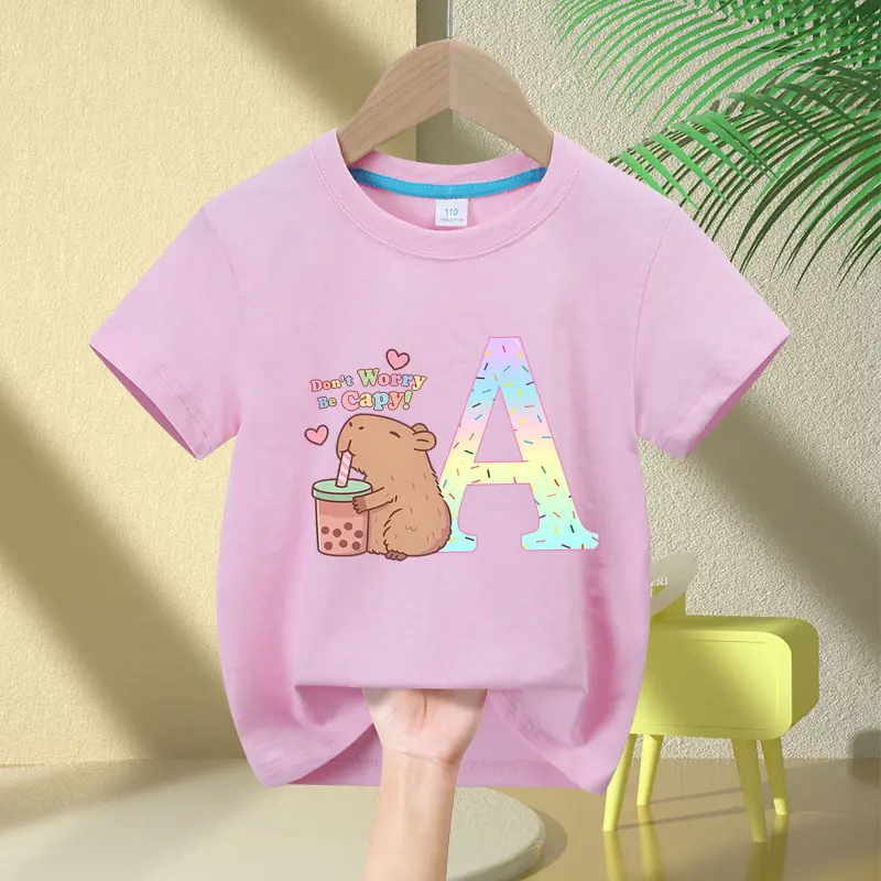 26 Letter Print Capybara Children T Shirt Girl Boy Summer Clothes Pink Cotton Tee Shirts Short Sleeve Kid Short Tops Tees Gift
