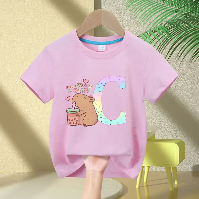 26 Letter Print Capybara Children T Shirt Girl Boy Summer Clothes Pink Cotton Tee Shirts Short Sleeve Kid Short Tops Tees Gift