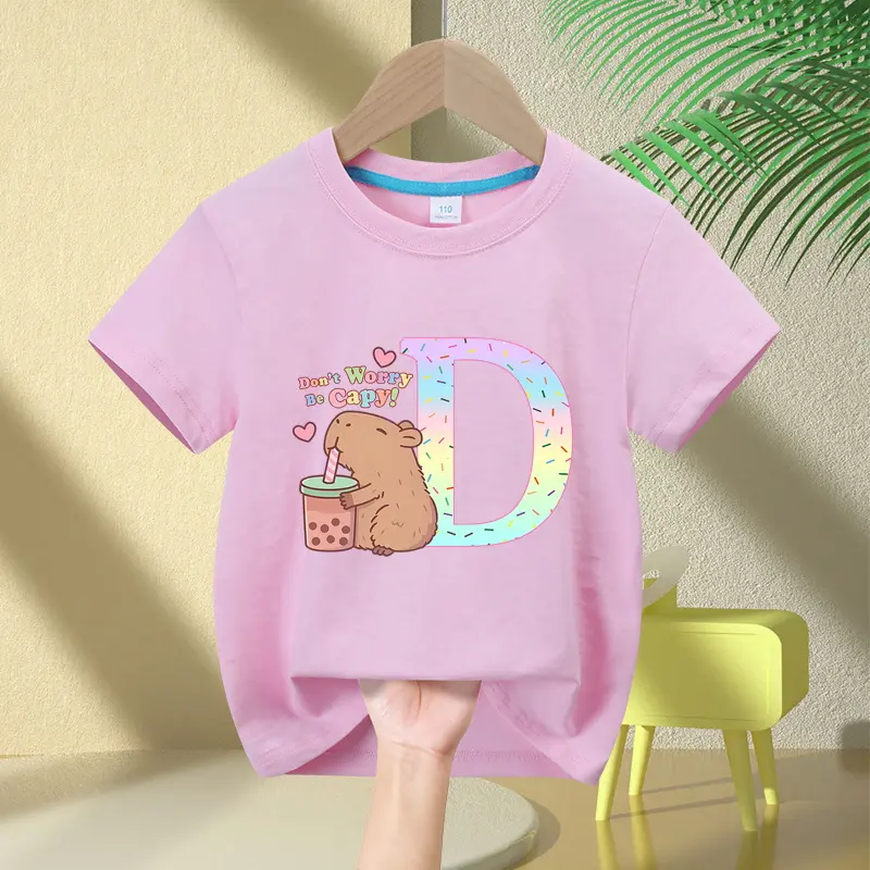 26 Letter Print Capybara Children T Shirt Girl Boy Summer Clothes Pink Cotton Tee Shirts Short Sleeve Kid Short Tops Tees Gift