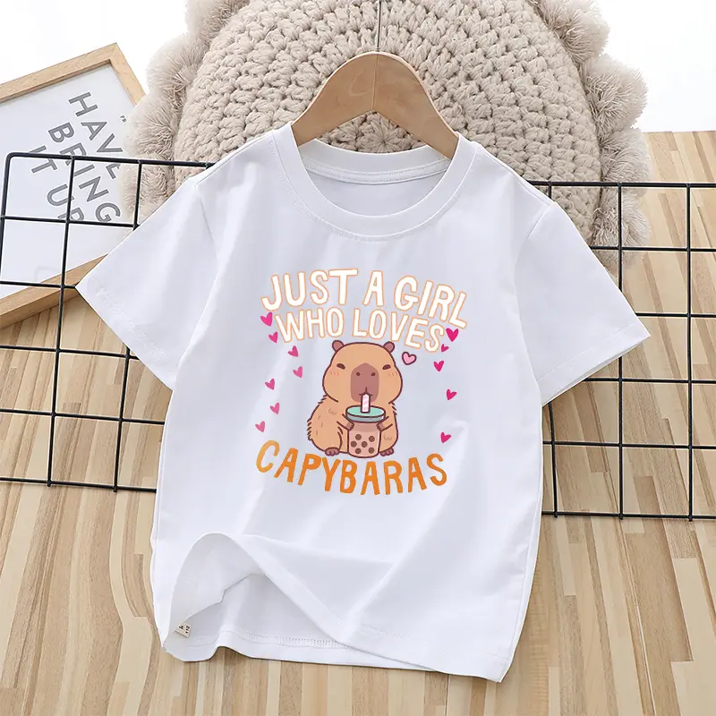 Capybara Child Short Sleeve T-shirt Girls Cartoon Capybara Letters A-Z Cotton Tops Kawaii Summer Casual Tees Kids Birthday Gifts