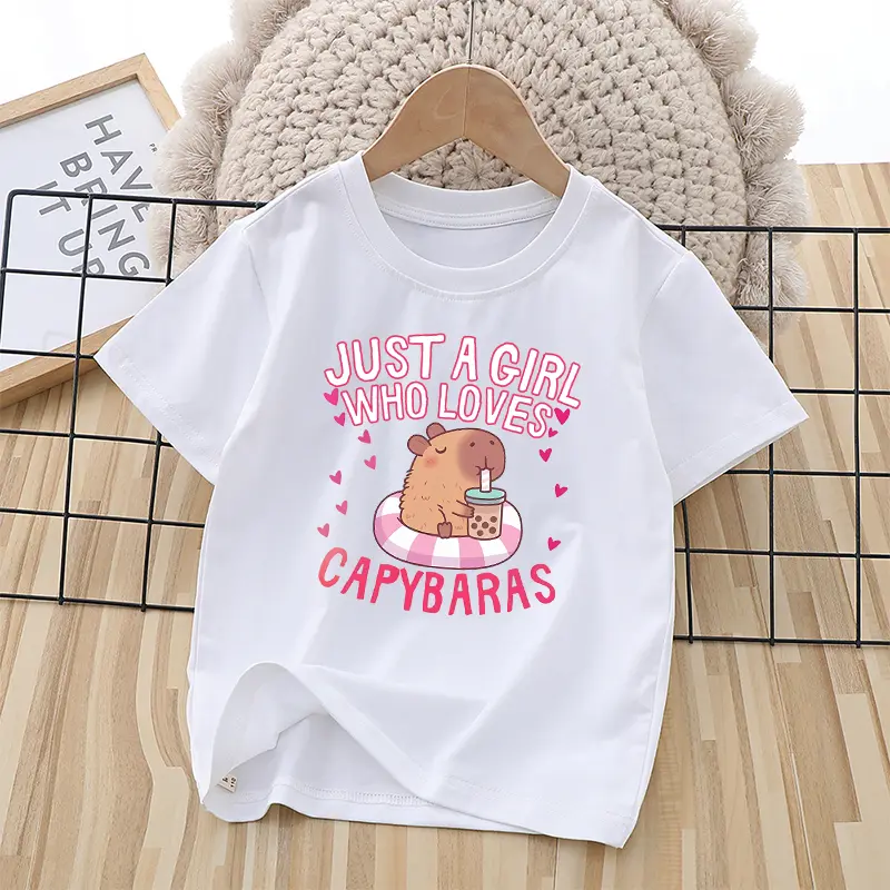 Capybara Child Short Sleeve T-shirt Girls Cartoon Capybara Letters A-Z Cotton Tops Kawaii Summer Casual Tees Kids Birthday Gifts