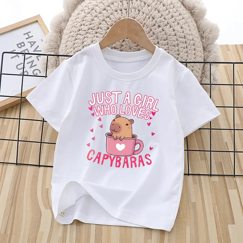 Capybara Child Short Sleeve T-shirt Girls Cartoon Capybara Letters A-Z Cotton Tops Kawaii Summer Casual Tees Kids Birthday Gifts