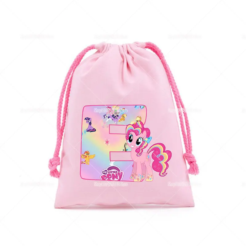 My Little Ponys Canvas Drawstring Bags Kawaii Figures A-Z Letters Kids Handbags Storage Birthday Party Decoration Pouches Gift