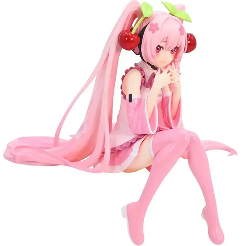 Hatsune Miku anime doll toy pink cherry blossom skirt sitting cute cartoon PVC movable model decoration collection ornaments