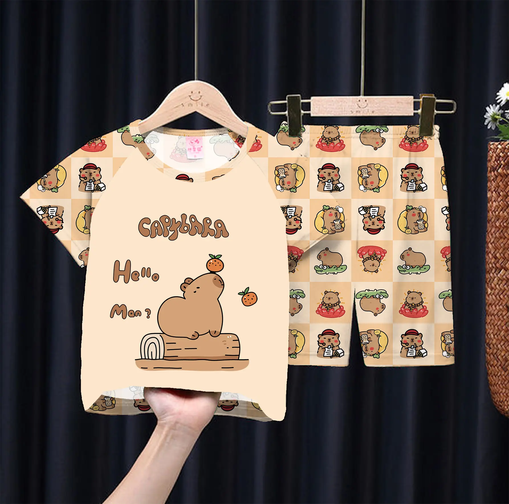 Capybara Children's Pajamas Summer Cartoon Anime Figures Short Sleeved Thin Nightwear Kid Air Conditioning Home Clothing Set New
