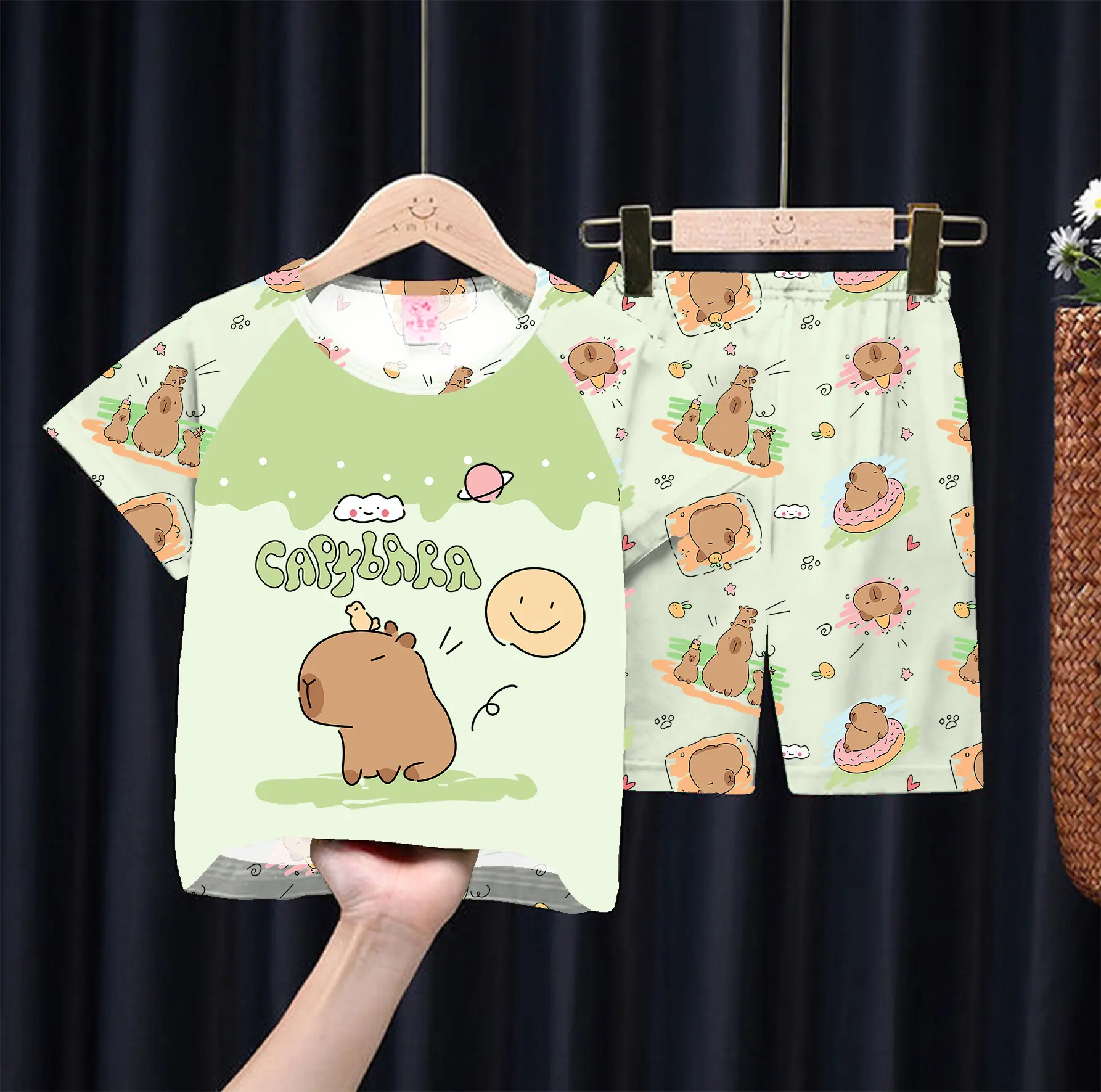 Capybara Children's Pajamas Summer Cartoon Anime Figures Short Sleeved Thin Nightwear Kid Air Conditioning Home Clothing Set New