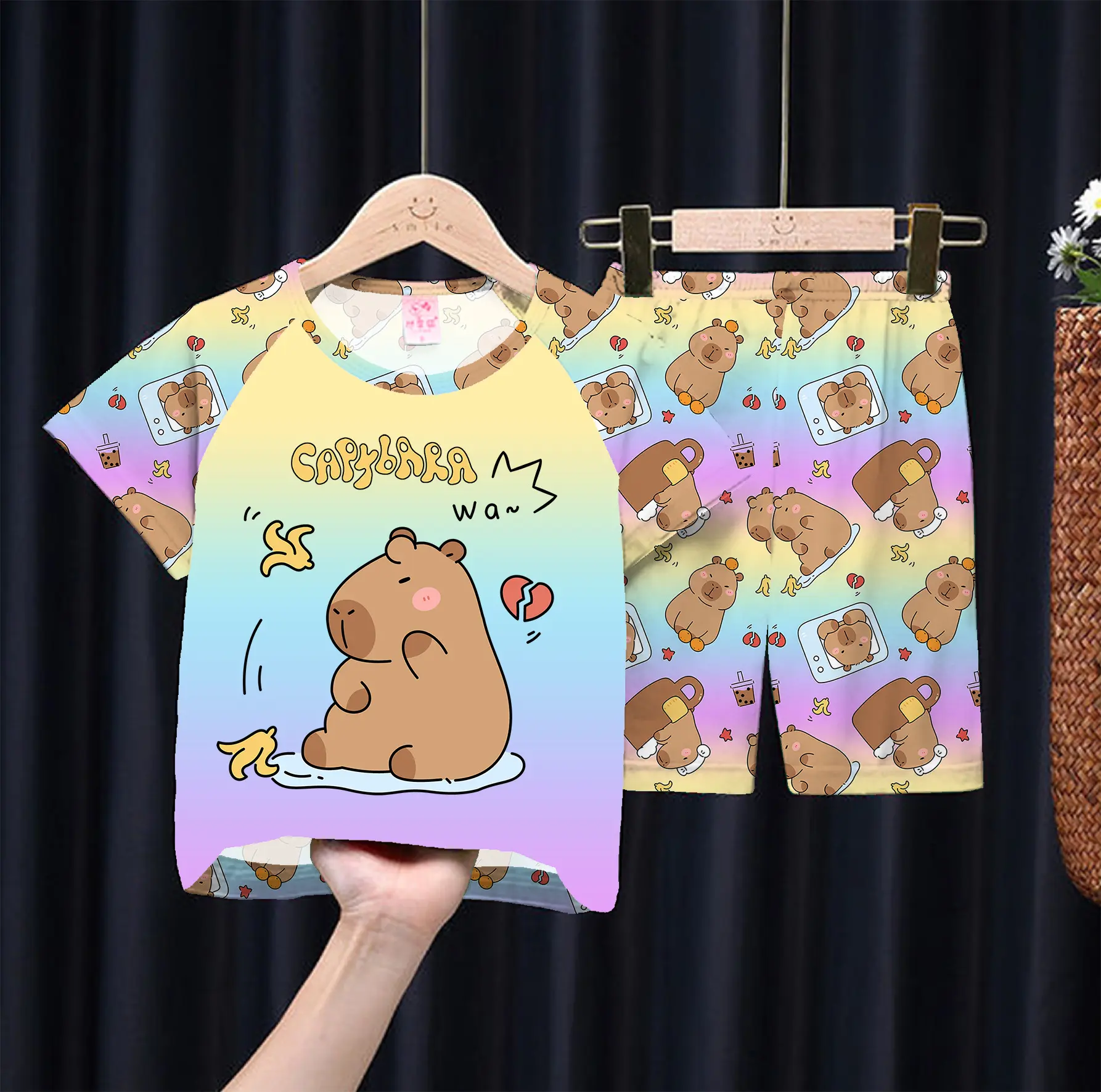 Capybara Children's Pajamas Summer Cartoon Anime Figures Short Sleeved Thin Nightwear Kid Air Conditioning Home Clothing Set New