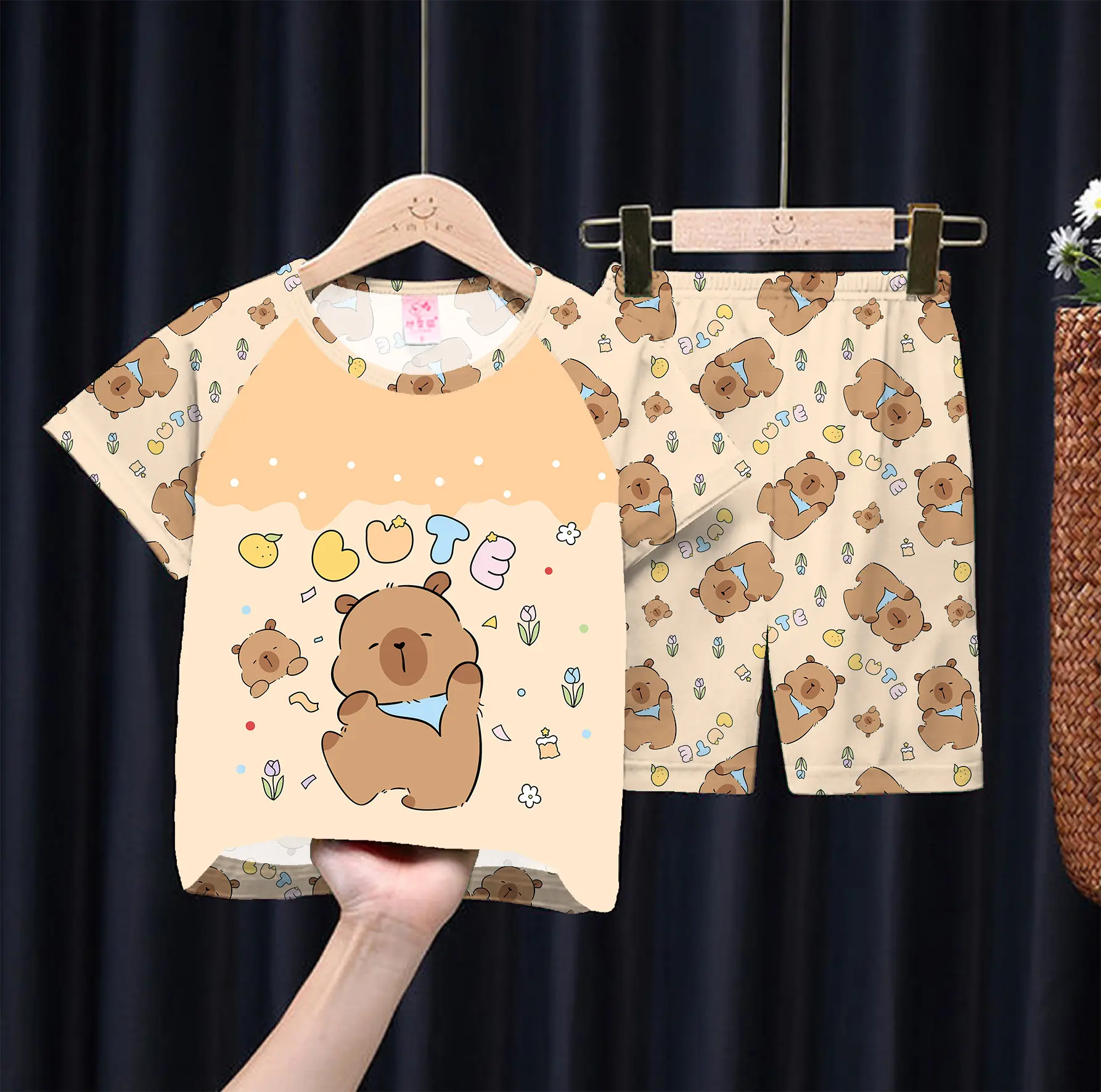 Capybara Children's Pajamas Summer Cartoon Anime Figures Short Sleeved Thin Nightwear Kid Air Conditioning Home Clothing Set New