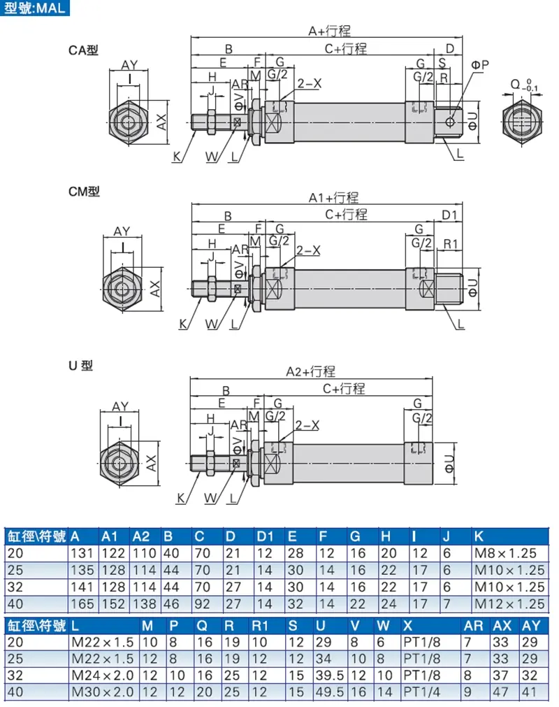 AIRTAC type pneumatic cylinders  MAL20X25CA MAL25X75CA MAL32X100CA MAL40X150-CA MAL20X50SCA MAL25X100CA MAL32X125CA MAL40X200CA