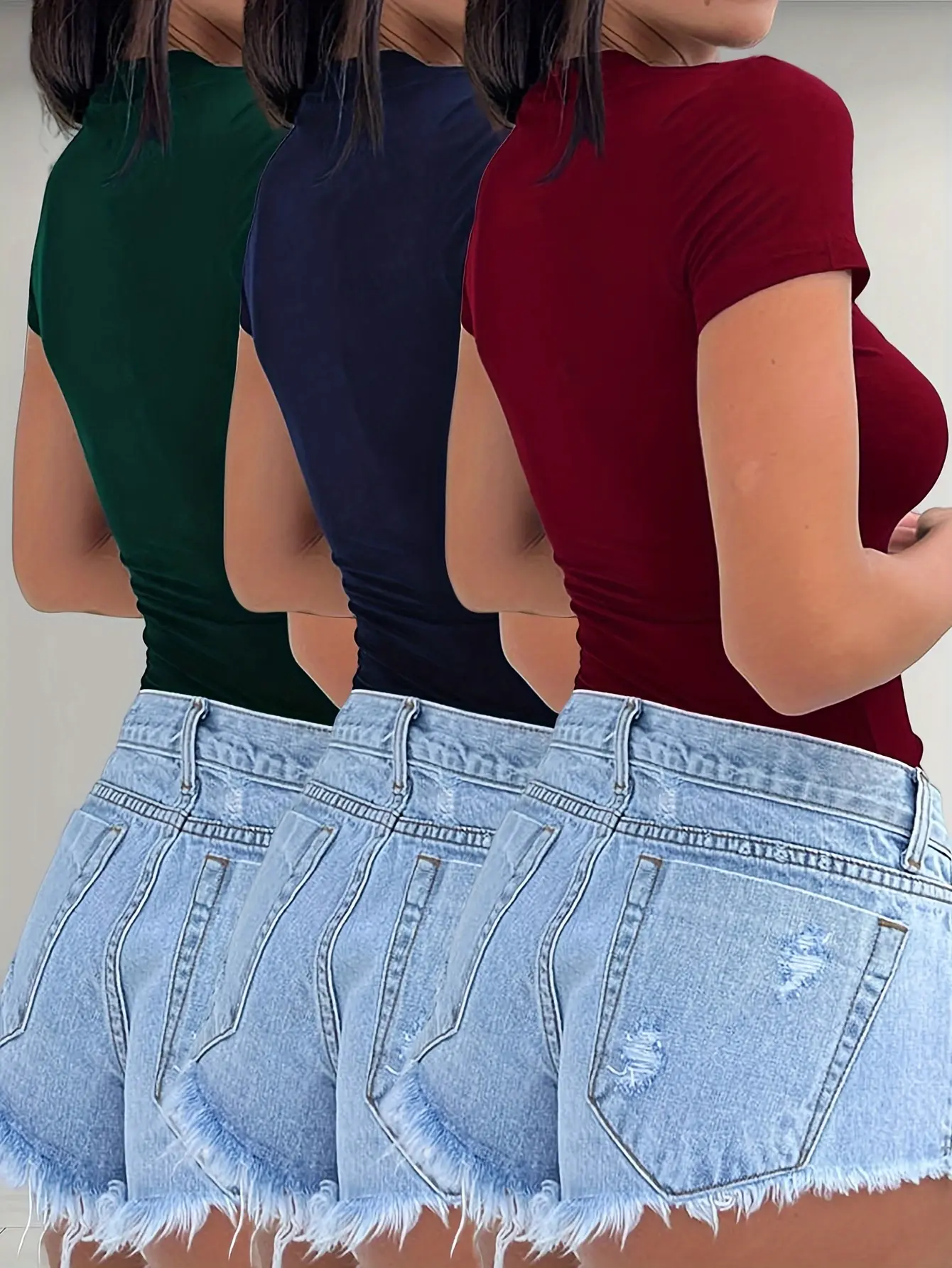 New women's fashion trend versatile solid color short-sleeved women's T-shirt three-piece set