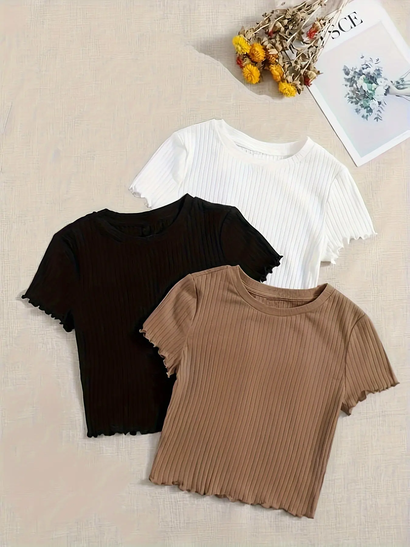 Elegant Orientation 3-piece set for women's new stylish elegant solid color short-sleeved round neck T-shirt