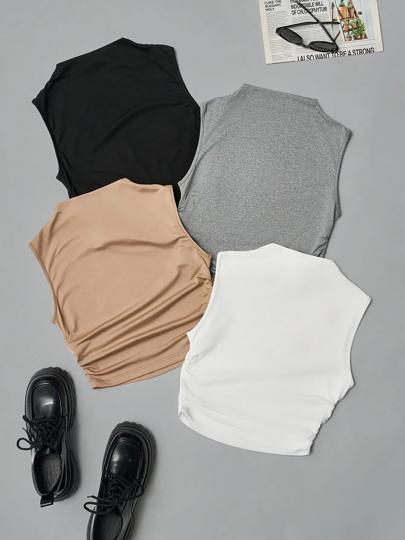 New fashionable round neck solid color slim fit versatile women's vest four piece set