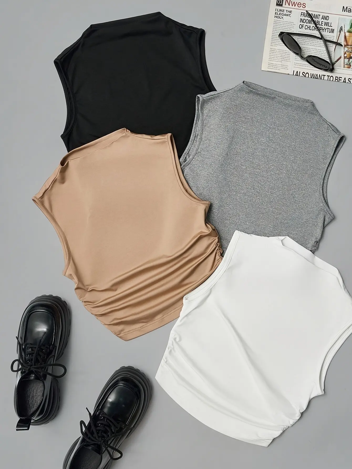 New fashionable round neck solid color slim fit versatile women's vest four piece set
