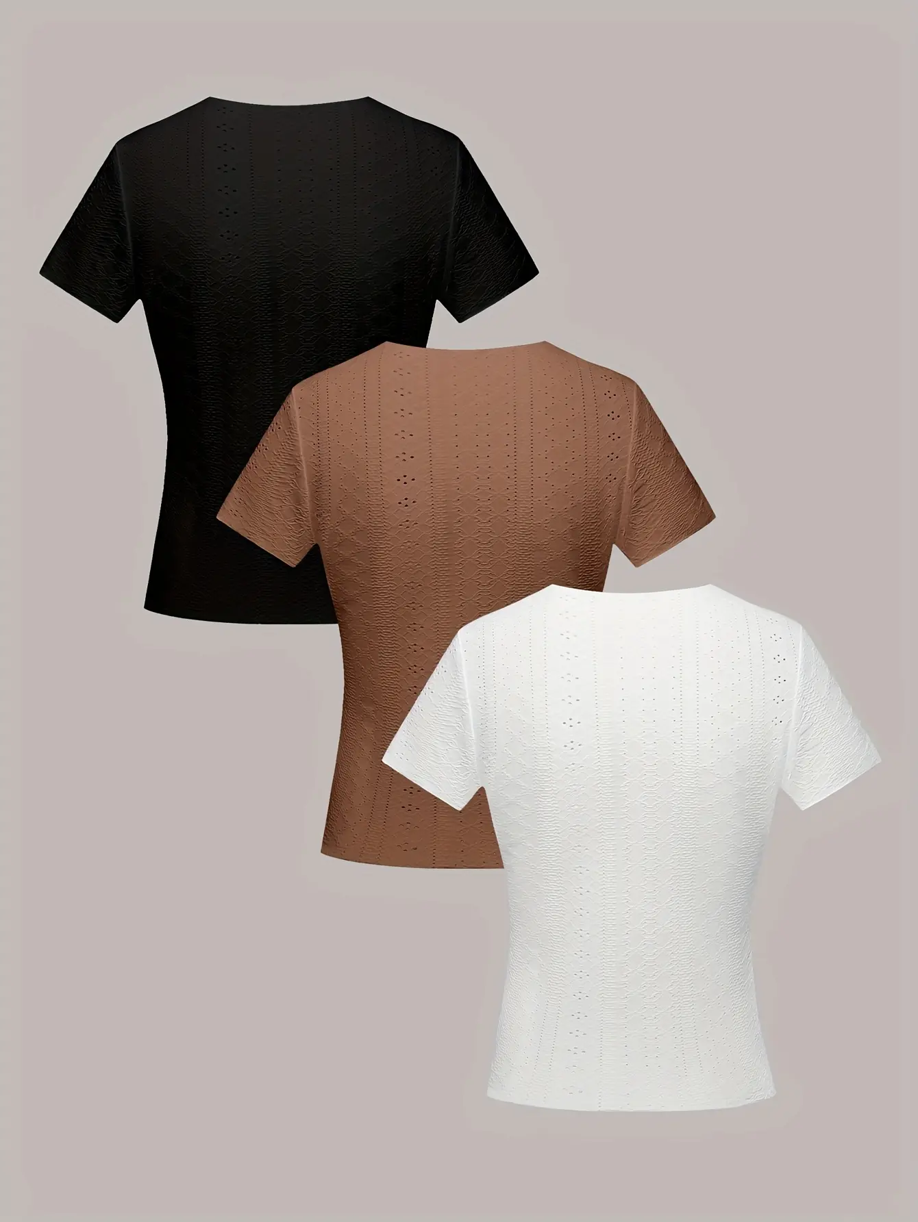 Women's round neck fashionable solid color hollow out casual versatile T-shirt three piece set
