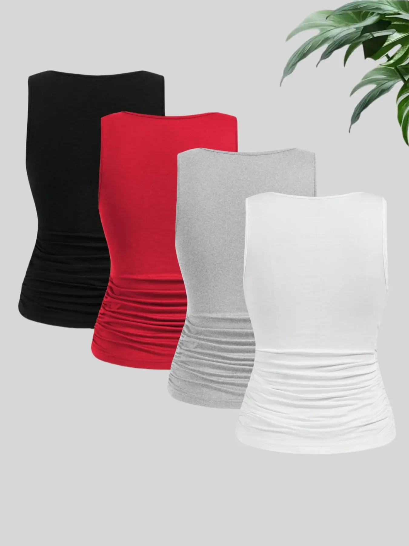 Three piece set of pure color casual square neck T-shirt for spring, summer, and autumn in Europe and America, with small pleats