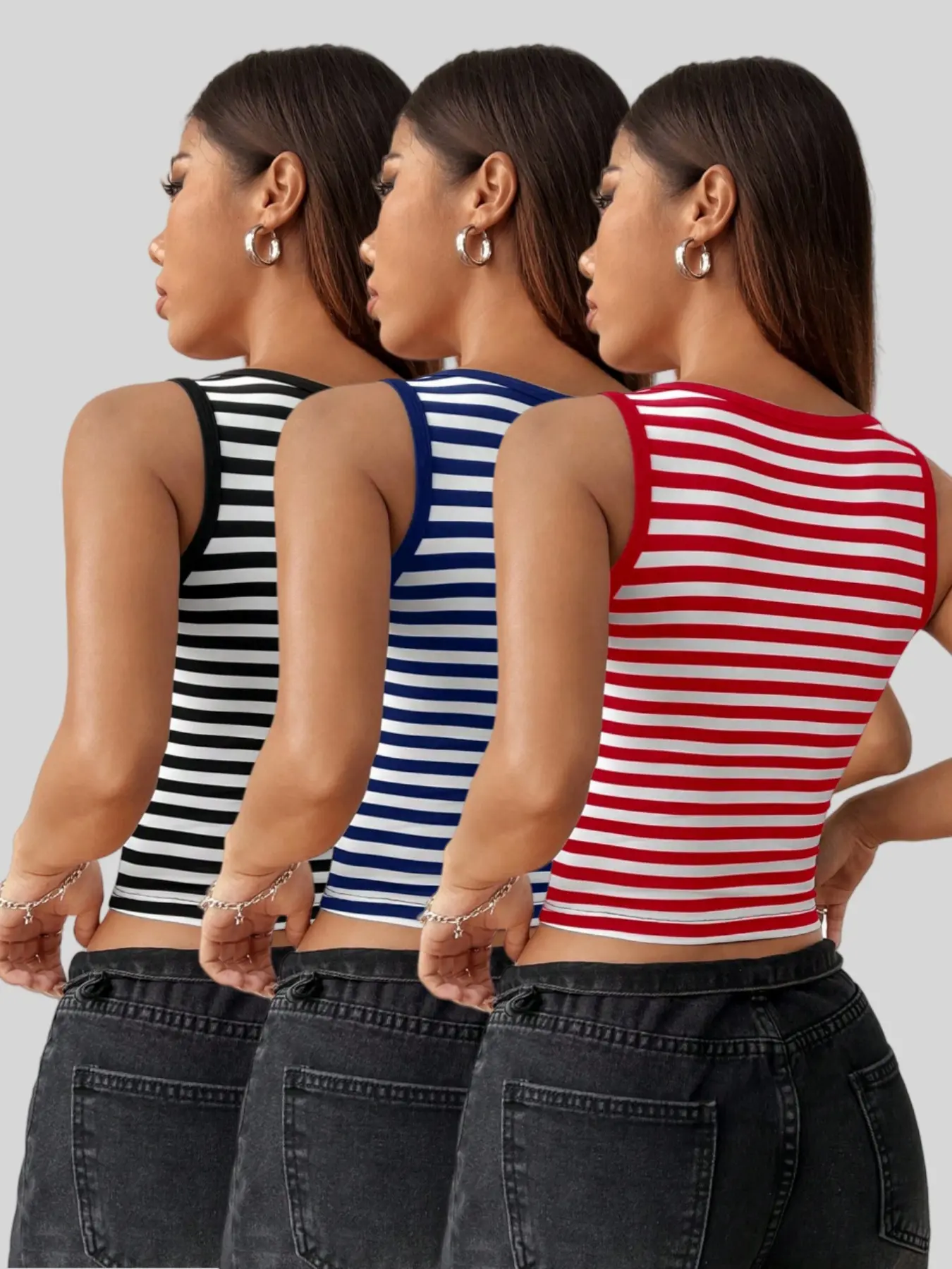 New fashionable, casual and comfortable striped square neck vest three piece set